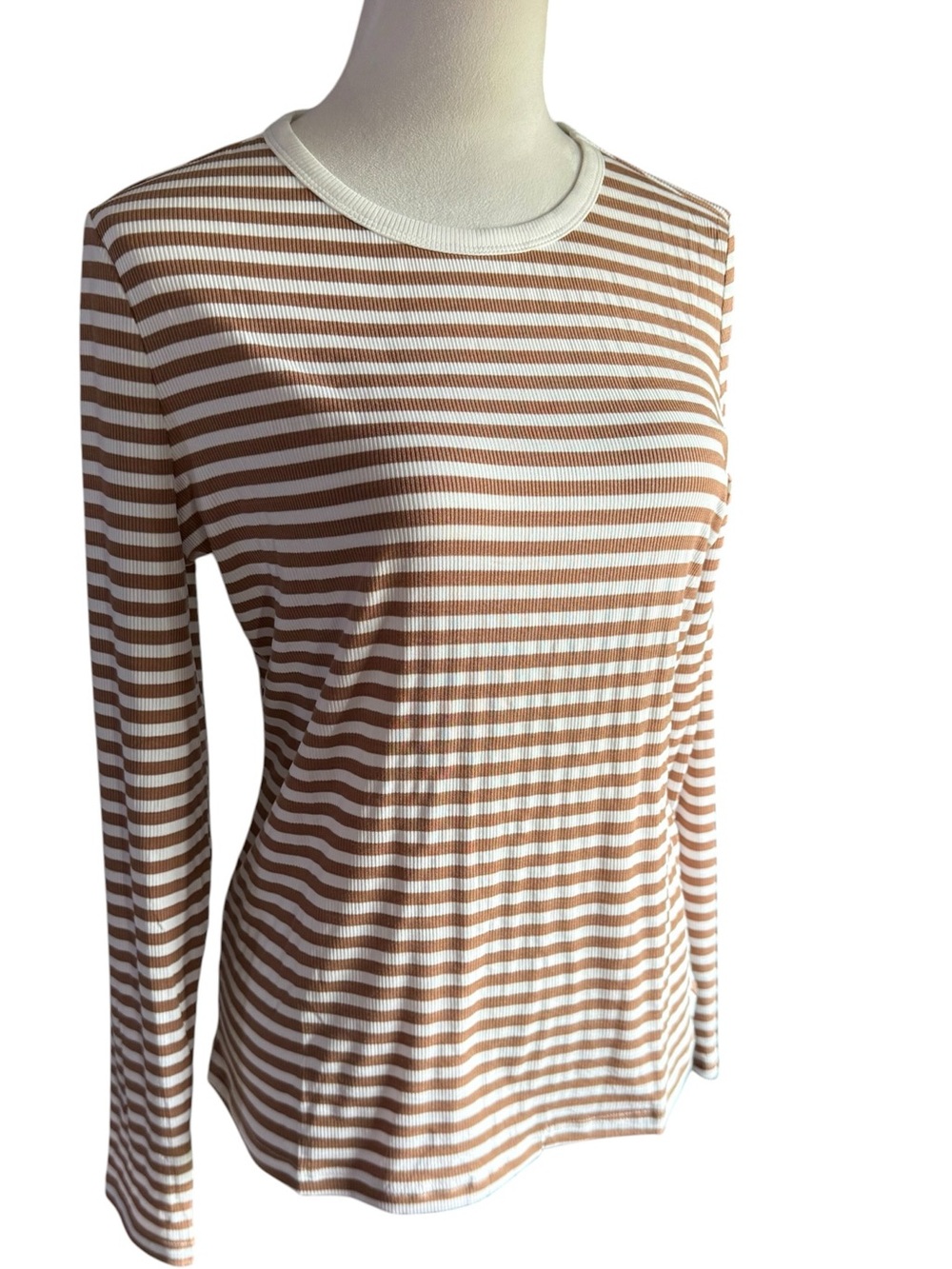 Zeagoo Striped Long-Sleeve Ribbed Tee - White & Brown. NWT